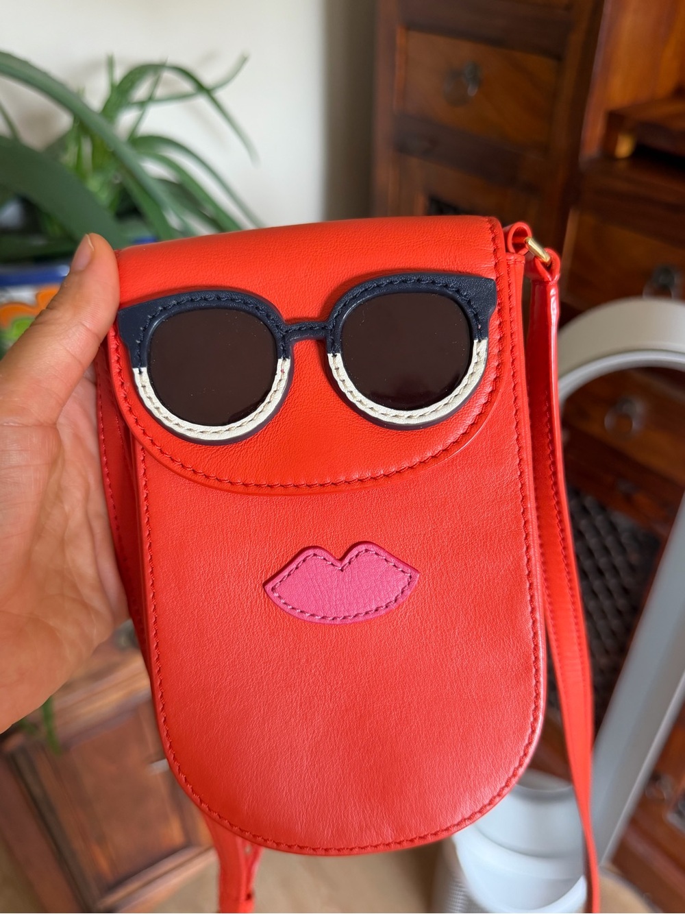 Like New Tory Burch Crossbody Bag with Sunglasses & Pink Lip Appliqué